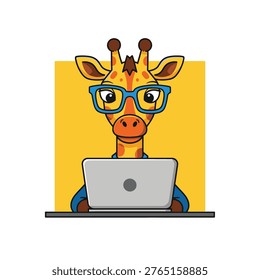 a cartoon giraffe with a surprised expression wearing blue glasses and a blue shirt sits behind a gray laptop on a black surface in front of a yellow square on a white background
