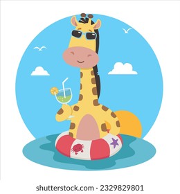 Cartoon Giraffe Swimming Illustration Character Blue