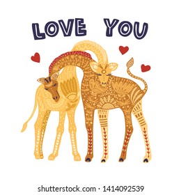 Cartoon giraffe vector flat illustration in scandinavian style. Couple of african animals. Love you card.