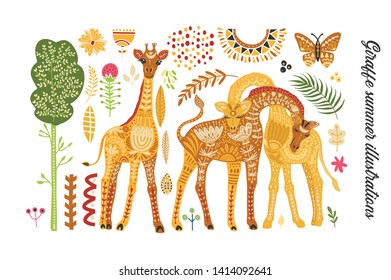 Cartoon giraffe vector flat illustration in scandinavian style. Cartoon giraffe vector flat illustration in scandinavian style. Clip art african collection. Isolated detailed stickers.