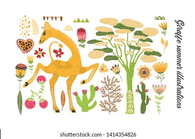 Cartoon giraffe vector flat illustration in scandinavian style. Cartoon giraffe vector flat illustration in scandinavian style. Clip art african collection. Isolated detailed stickers.