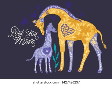 Cartoon giraffe vector flat illustration in scandinavian style. Love you mom lettering card with cute african animal.