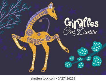 Cartoon giraffe vector flat illustration in scandinavian style. Giraffes can dance.
