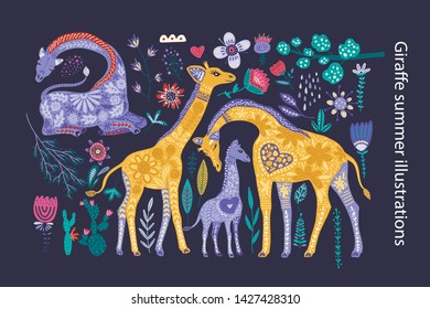Cartoon giraffe vector flat illustration in scandinavian style. Clip art african collection. Isolated detailed stickers.