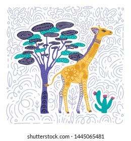 Cartoon giraffe vector flat illustration in scandinavian style. Tropical savanna summer card.