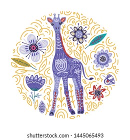 Cartoon giraffe vector flat illustration in scandinavian style. Round card with african animal and flowers.