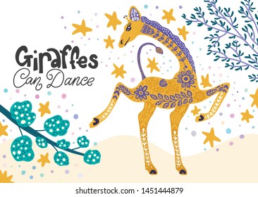 Cartoon giraffe vector flat illustration in scandinavian style. Giraffes can dance.