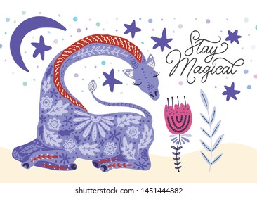 Cartoon giraffe vector flat illustration in scandinavian style. Magical african animal with lettering quote - stay magical.
