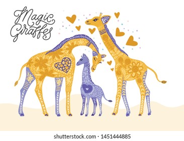 Cartoon giraffe vector flat illustration in scandinavian style. Magic giraffes family.