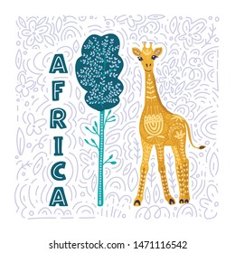 Cartoon giraffe vector flat illustration in scandinavian style. Tall african animal under the tree.