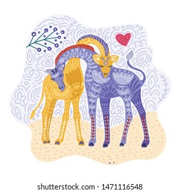 Cartoon giraffe vector flat illustration in scandinavian style. Giraffes couple in love.