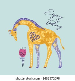 Cartoon giraffe vector flat illustration in scandinavian style. Enjoy today. African animal with a flower.