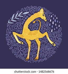 Cartoon giraffe vector flat illustration in scandinavian style. Dancing african cute animal round card.