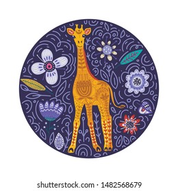 Cartoon giraffe vector flat illustration in scandinavian style. Round card with african animal and flowers.