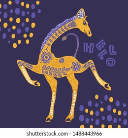 Cartoon giraffe vector flat illustration in scandinavian style. Dancing african cute animal. Hello card.
