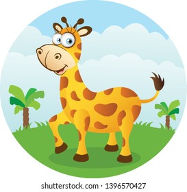 Cartoon Giraffe Walking In  Grassland