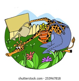Cartoon giraffe watering plants in his garden