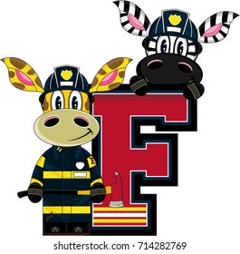 Cartoon Giraffe and Zebra Firemen - Firefighter Letter F Alphabet Learning Illustration

