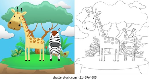Cartoon of giraffe and zebra on tree background - Shutterstock ID 2146964605