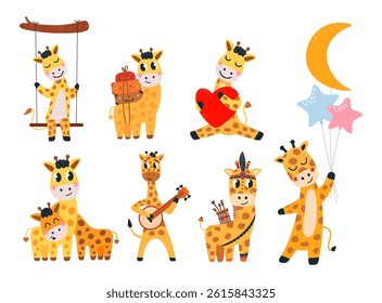 Cartoon giraffes characters. Isolated giraffe in different poses. Animals on swing, with balloons, in tribal style. Mother with baby, funny vector set