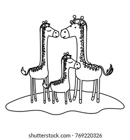 cartoon giraffes couple with calf over grass in monochrome silhouette