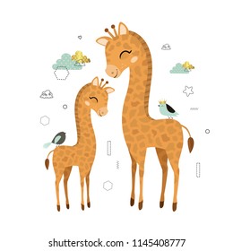 Cartoon giraffes. Cute vector illustration with  giraffe mother and baby giraffe. Mom and kid. Family of giraffes. The African animals