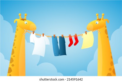 Cartoon giraffes doing laundry