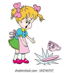 Cartoon girl accidentally drops a fun cup and saucer on the floor.