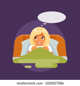 Cartoon girl afraid of the dark. Insomnia and anxiety. Vector illustration