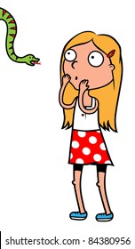 Cartoon girl afraid of snakes, vector illustration