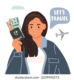 Chica de dibujos animados con boletos de avión y pasaporte. Mujer joven que sostiene documentos en sus manos. Fondo con escritura a mano Vamos a viajar, avión. Diseño de Vector para la Plantilla de Anuncio. Ilustración en color plano.