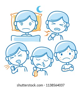 Cartoon Girl with allergy symptoms in graphic style, blue and orange 2 colours