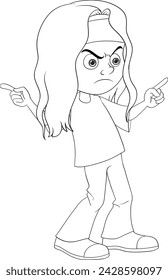 Cartoon girl with angry expression pointing both fingers.