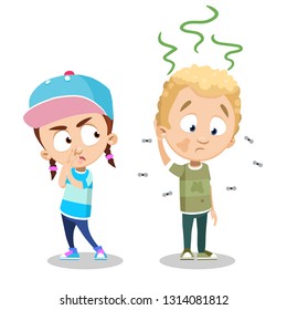 Cartoon girl annoyed with the smell of dirty wearing boy. Boy in dirty and unclean shirt vector illustration. Friendship and hygiene concept. Isolated on white background