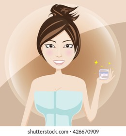 cartoon girl applying cream after taking a shower