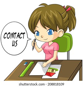Cartoon girl artist writing a contact us paper board, create by vector 