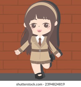 a cartoon girl in an asian uniform, in the style of dark brown and dark beige, streetscape, cryptid academia, oshare kei, simple, dark brown and light brown, happycore  svg