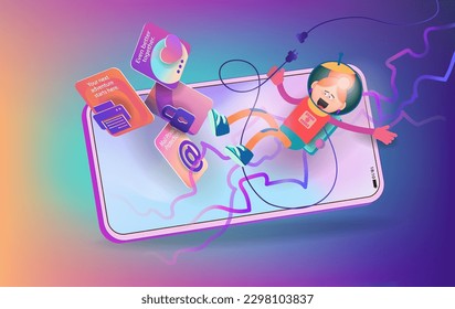 Cartoon girl astronaut and interface icons on the mobile phone screen in isometry. Vector banner