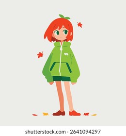 Cartoon Girl with Autumn Leaves in a Minimalist Style