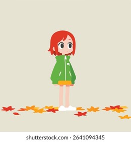 Cartoon Girl in Autumn Leaves, Pensive Mood, Flat Style