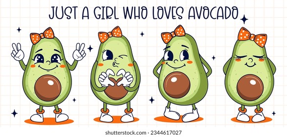 Cartoon Girl avocado Charakter im Retro-Poster-Stil. Nur ein Mädchen, das Avocado liebt. Vektorgrafik.