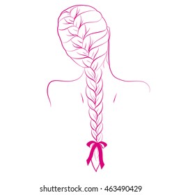 Cartoon Girl Back View Hair Braid French Style With Ribbon Bow Tie Thin Pink Outline Illustration Isolated On White Background / Vector Eps 10