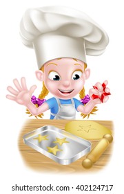 Cartoon girl baker in chefs hat making cookies