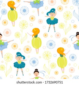 Cartoon girl ballerina surrounded by colorful dandelion vector flat illustration. Dancing female in cute dress posing with blossom blowball seamless pattern. Floral bloom ornament