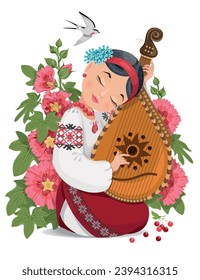 Cartoon girl bandura player. Bandura vector. Ukrainian folk art. Beautiful girl picture. Rose Mallow vector. 