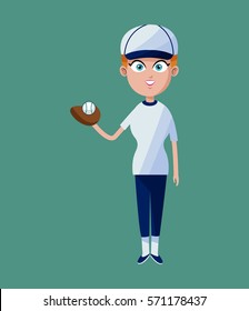 cartoon girl baseball player glove ball and cap