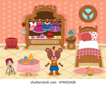 Cartoon girl bear in her bedroom. ( Vector illustration)