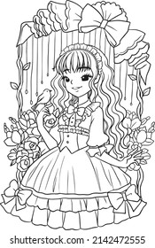cartoon girl Beautiful coloring page cute kawaii manga doodle
