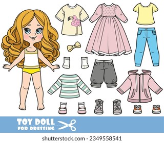 Chica de caricatura con grandes rizos y ropa por separado - manga larga, camisas, vestido, chaqueta, botas, jeans y zapatillas muñeca para vestir