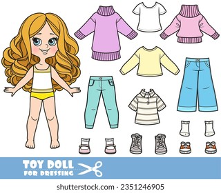 Cartoon girl  with big curls and clothes separately - long sleeve, shirts, pink jackets, boots, jeans and sneakers doll for dressing 